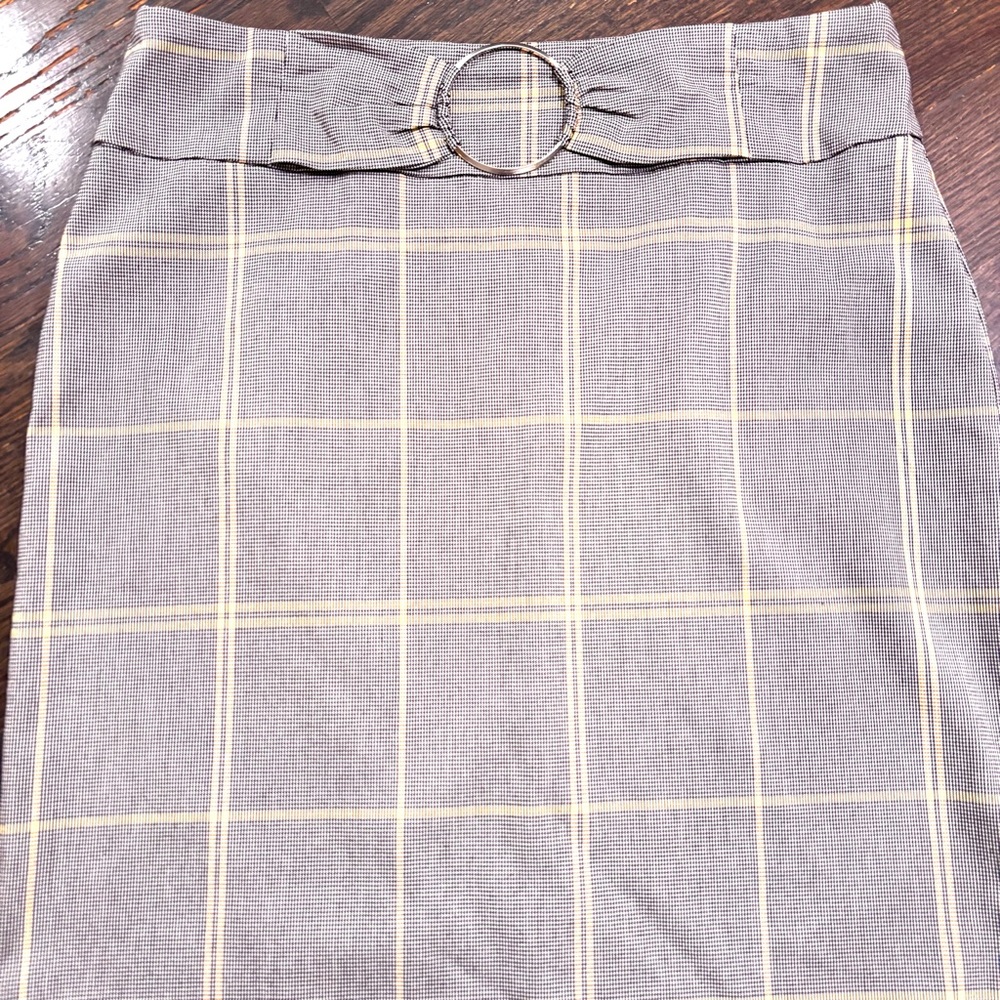 NWOT Soho Apparel M Stretch Gray Yellow Black White Plaid Belted Pencil Skirt. - Picture 9 of 9